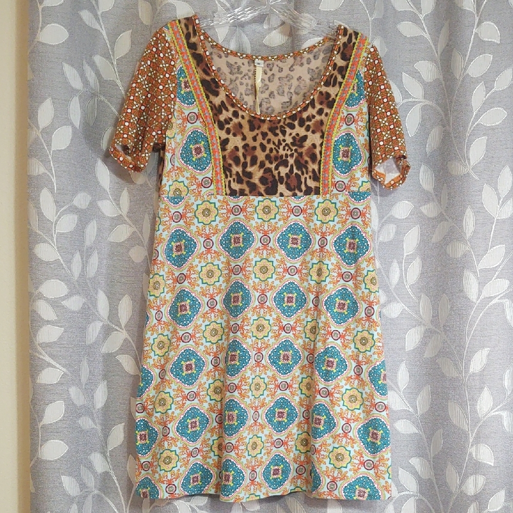Boho Mixed-Print Short Sleeve Dress in Multi Color